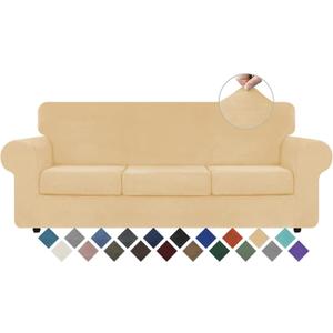 WEERRW 4 Pieces Velvet High Stretch Couch Covers for 3 Cushion Couch Sofa Slipcovers, Washable Furniture Protector with Non Slip Elastic Bottom, Feature Soft and Thick Plush Fabric, Champagne, Large WEERRW 4 Pieces Velvet High Stretch Couch Covers for 3 Cushion Couch Sofa Slipcovers, Washable Furniture Protector with Non Slip Elastic Bottom, Feature Soft and Thick Plush Fabric, Champagne, Large