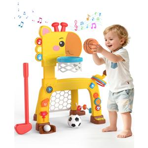 4-IN-1 Toddler Golf Ring Toss Basketball Hoop & Soccer Goal Sport Toys for 1-3 Year Olds, Baby Activity Center with Lights Bilingual Music & Vol Ctrl Gift for Boys Girls(H 24.4"-27.5") (Yellow)