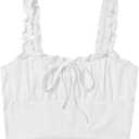 Verdusa Women's Frill Trim Strap Tie Knot Ruched Front Bustier Crop Top (White, M)