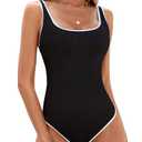 BMJL Women's One Piece Swimsuit Sports Adjustable Strap Bathing Suit Color Block Ribbed High Cut Swimsuits(L,Black)