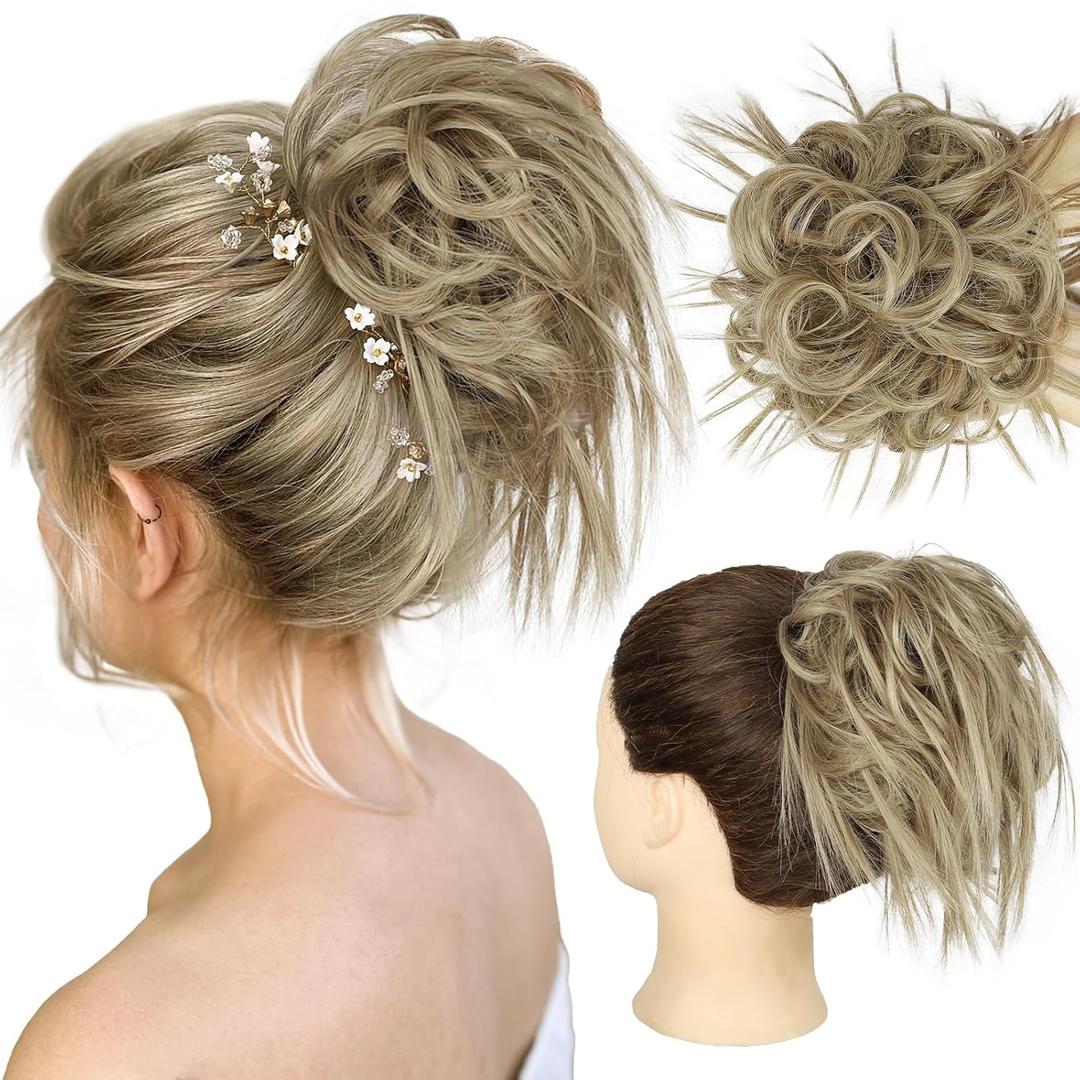 HMD Tousled Updo Messy Bun Hairpiece - Synthetic Hair Extensions with Elastic Rubber Band - Scrunchies & Ponytail Hairpieces for Women (Light Ash Brown mix Ash Blonde(85/18T))