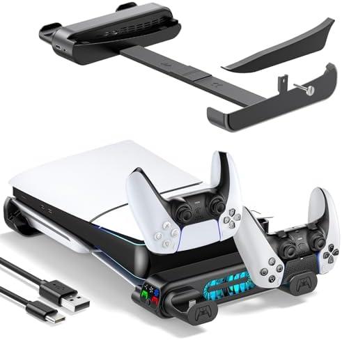 Tokluck PS5 Slim/Pro Horizontal Stand, PS5 Cooling Station with Dual Controller Charger for Disc & Digital Versions, 3-Level Cooling Fan - Black (NOT Fit 2020 PS 5 Regular Version)