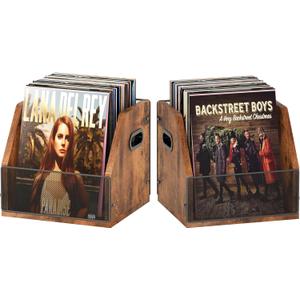 Homeiju 2 Pack Vinyl Storage, Record Crates, Metal & Wooden LP Crate (Rustic Brown Black (2 Pack))