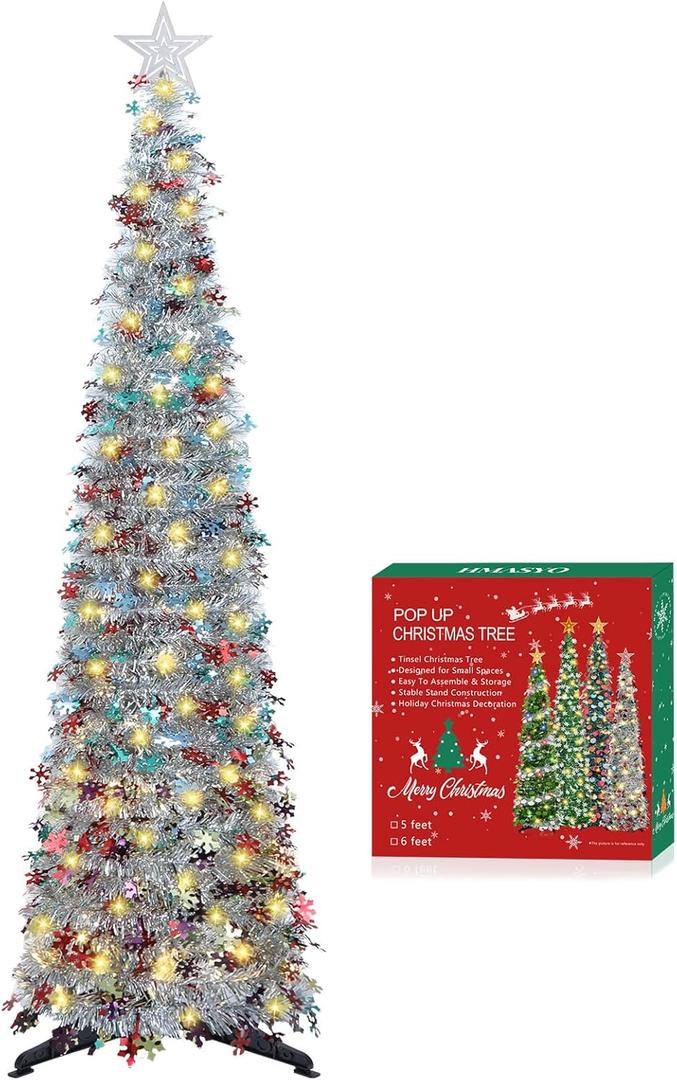HMASYO 5 FT Pop Up Christmas Tree with Timer Lights, Colored Silver Tinsel Snowflake Christmas Tree, Collapsible Artificial Pencil Tree Xmas Decoration for Home, Office, Party, Easy Assembly