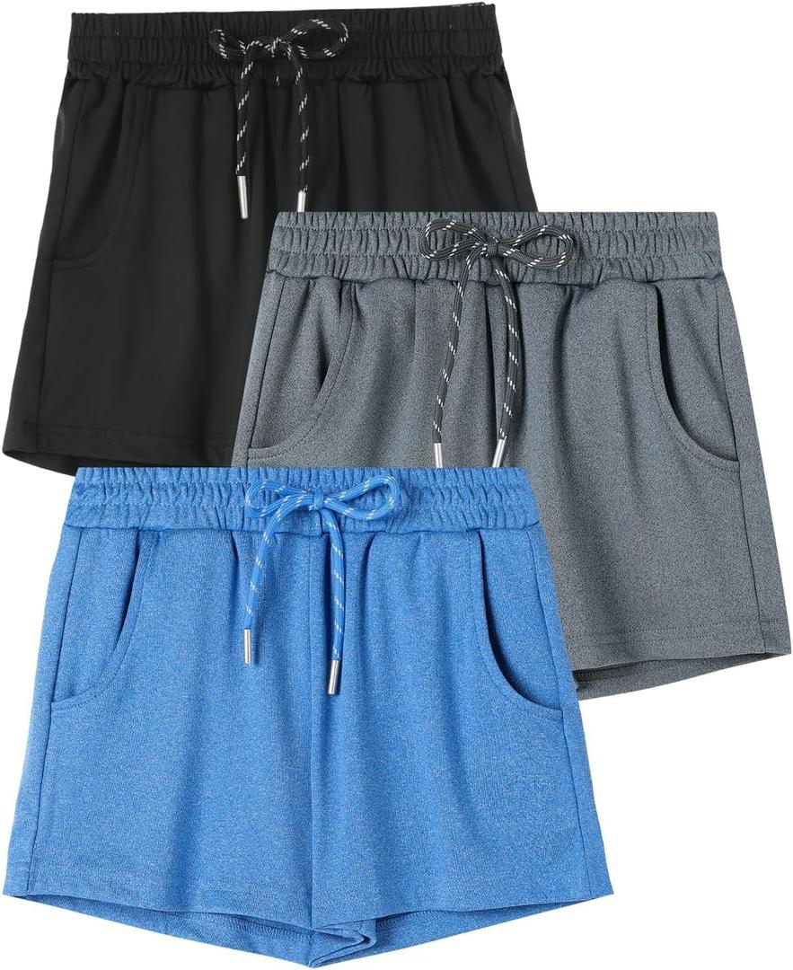 Kids Girls Dry-Fit Active Athletic Shorts, 3 Pack Casual Soft Girls Running Soccer Bike Biker Shorts with Drawstring & Pockets, Grey, Black, Blue, Size 4-5 Years