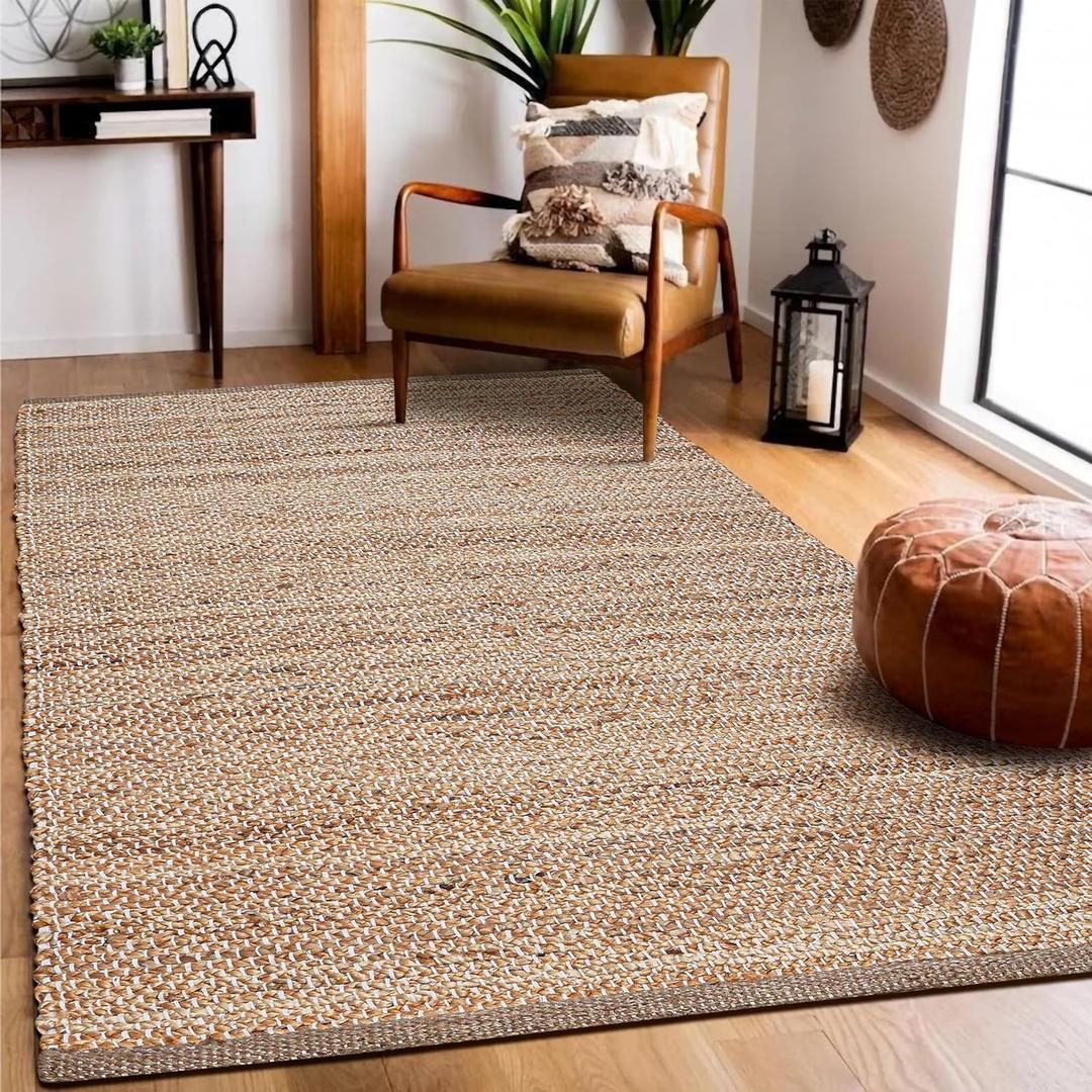 Hausattire Jute Woven Area Rug 4'x6' - Natural, Hand Braided Farmhouse Rugs for Living Room, Kitchen Dining Area | Boho Indoor Outdoor Neutral Carpet for Bedroom, Patio - 48x72 Inches