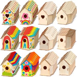 Amyhill 48 Pack Wooden Bird Houses Set for DIY Crafts Bulk Spring Unfinished DIY Wood Birdhouses to Paint Build Art Painting Bird House Hanging Spring Ornaments for Tree Crafts Party Gifts