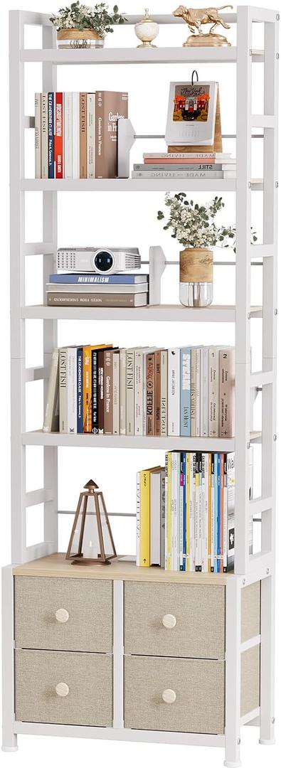 5 Tier Bookshelf, Modern Bookcase with Bookends and 4 Drawers Storage Organizer, Metal Industrial Display Shelf, Free Standing Storage Shelving Unit for Bedroom, Living Room and Home Office, X-Large