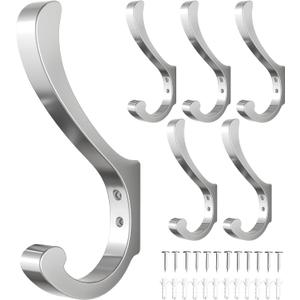 Chrome Coat Hooks Wall Mount - Wall Hooks For Hanging Heavy Duty (30LB),Large Coat Hanger Wall Hangers,Metal Hooks For Hanging Towels,Backpack,Hat,Jacket,Key,Bag,Purse,Clothes,Robe,Dog Leash (6 Pack)