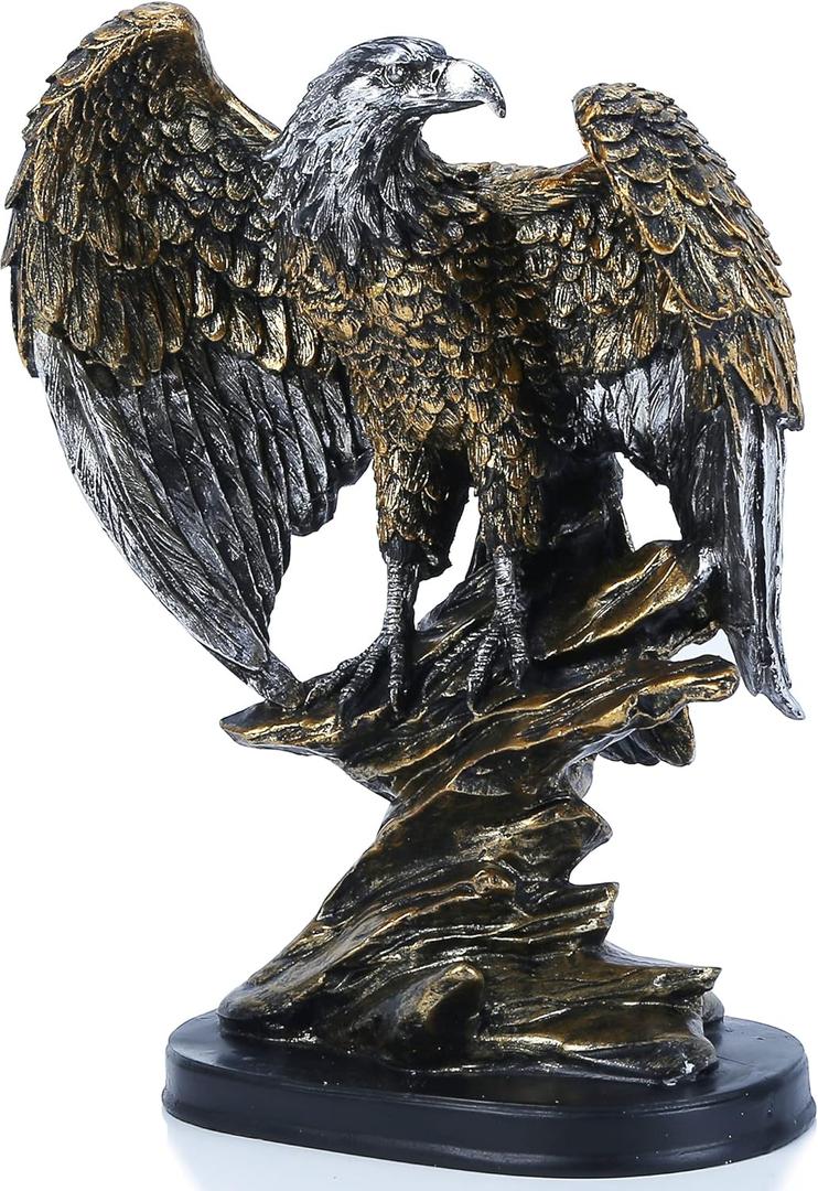 H&W 10.25" Tall Patriotic Eagle On Rocks Statue Wild Bird Eagle Decorative Bronze Patina Resin Figurine