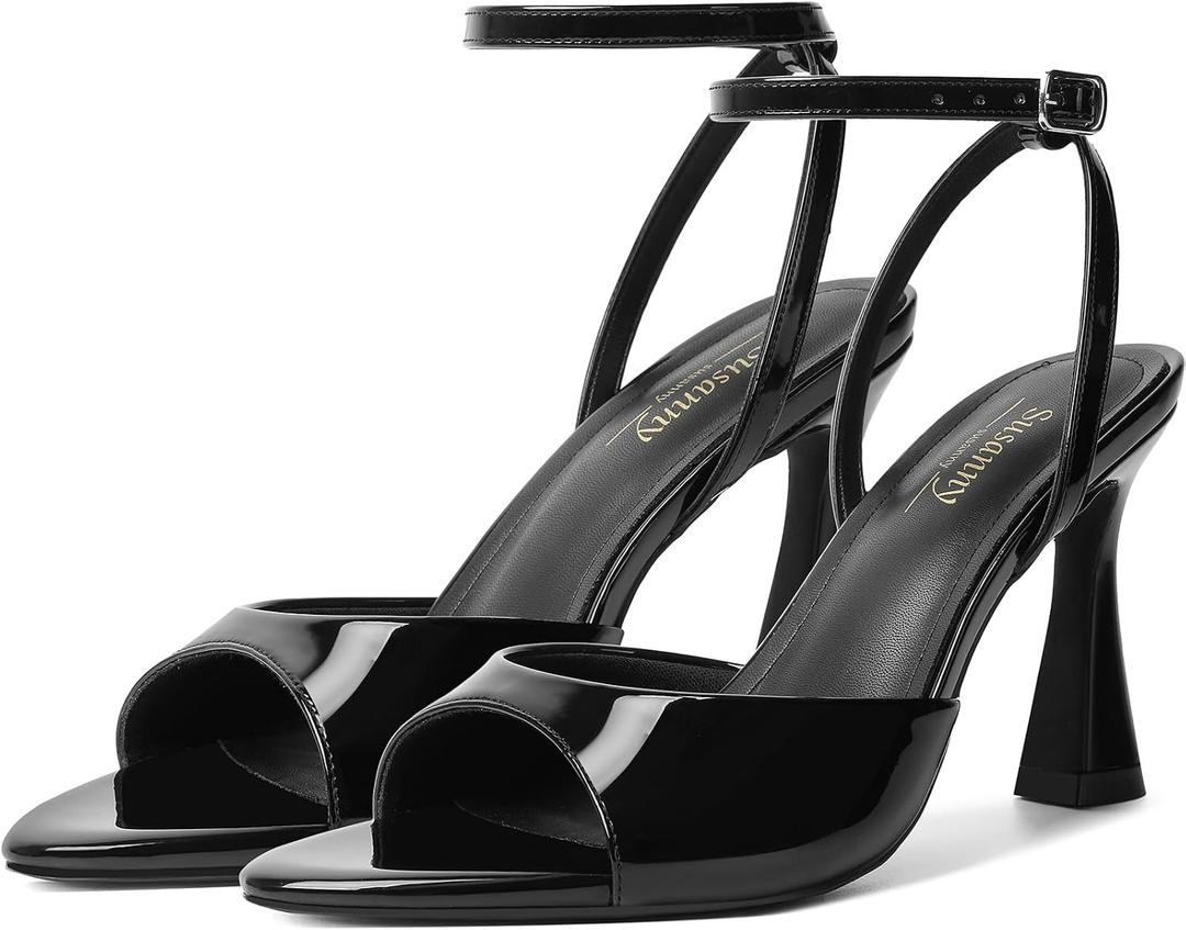 Susanny High Heels for Women Pointed Open Toe Strappy Chunky Block Heels Ankle Strap Stiletto Kitten Heeled Sandals Wedding Bridal Party Prom Sexy Dress Shoes (Black, 7)
