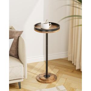 Masupu Drink Table, Round Side Table for Small Spaces, Pedestal Small End Table with Metal Base, for Living Room, Bedroom, Bathroom, Rustic Brown+Black(Lip)