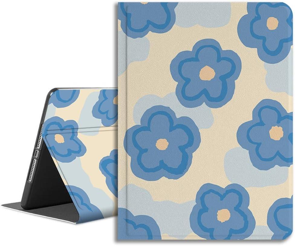 Compatible with iPad Case 9/8/7th Gen 10.2" / iPad Air 3rd 10.5" with Flower Art Design for Women Girls, Folio Cute Cover, Auto Wake/Sleep Premium Leather with Pencil Holder,Teal Blue Bloom