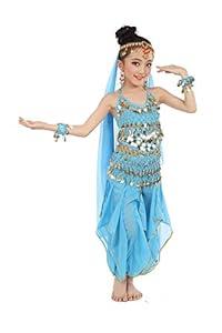 Cielary Kids Girls Belly Dance Halter Top Harem Pants Costume Set Halloween Outfit with Head Veil Waist Chain and Bracelets(Lake Blue, M)