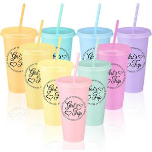 CHENGU 9 Set Girls Trip Gifts Favors Weekend Gifts 2026 for Girls Women Trip Cup with Lid Straw 24oz Plastic Tumbler Travel Friendship Cup for Friend Bachelorette Vacation Party (Bright)