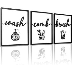 3D Wood Funny Bathroom Wall Art, Framed Black and White Bathroom Pictures Wall Decor, Cute Toilet Pictures for Bathroom Signs Decor(Ready to Hang, 12x16 inches, Set of 3, Framed) (Wash Comb Brush)