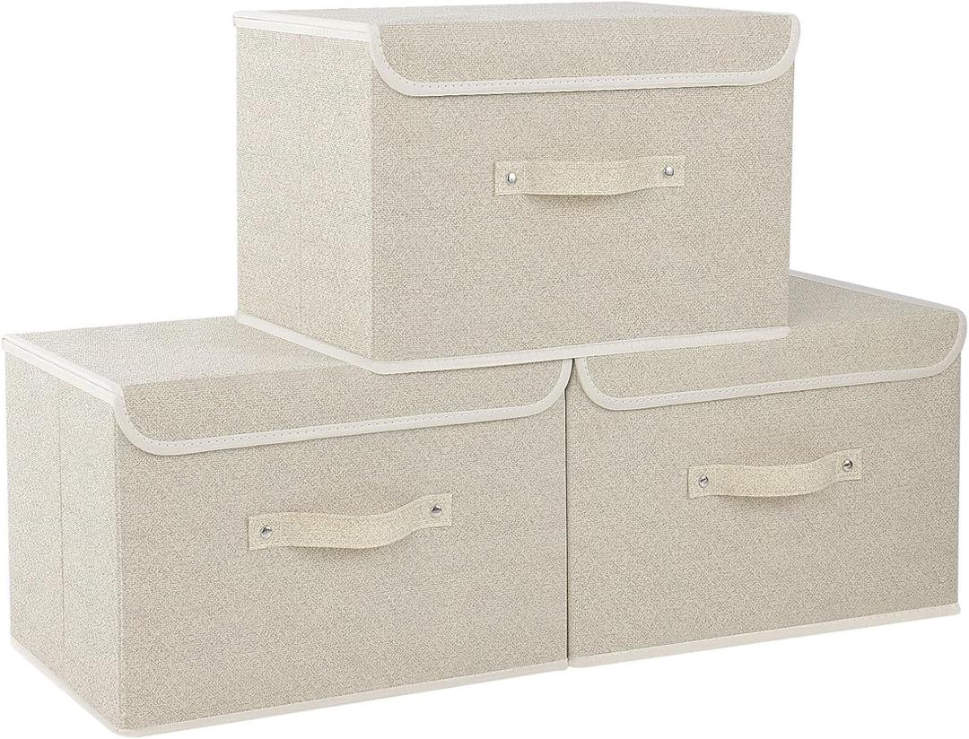 Fabric Storage Bins Cube Organizers with Flip-Top Lid and Handles,Storage Boxes for Organizing Home,Office,and Closet,Grey and Beige,3 Pack 15 x 9.8 x 9.8 in