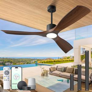 Ceiling Fans with Lights, Ceiling Fans with Lights and Remote, 52 inch Modern Smart Ceiling Fan with Light, Outdoor Ceiling Fans for Patios 3 Blade Bedroom Living Room Porch(Dark Walnut)