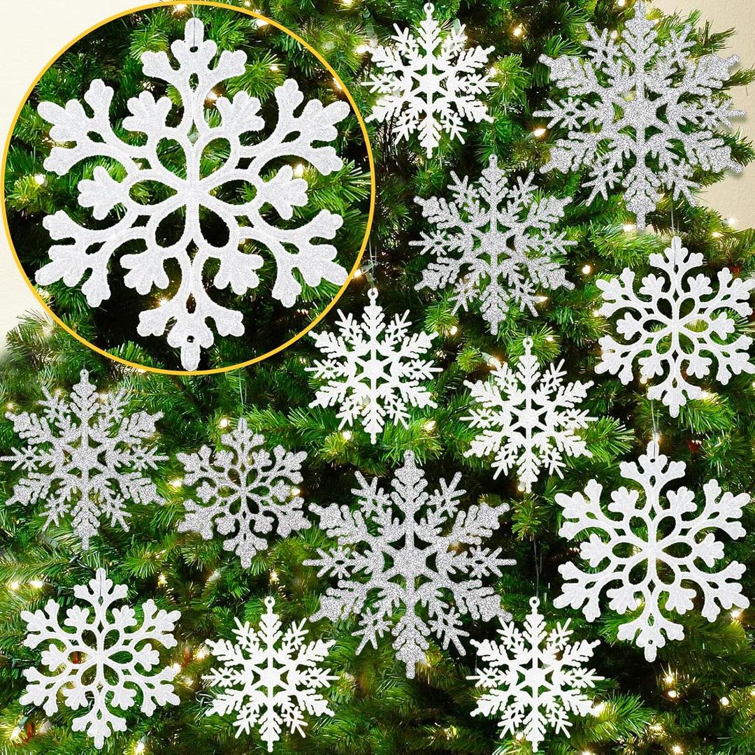 White and Silver Christmas Snowflake Ornaments- 36Pcs Plastic Glitter Hanging Snow Flakes for Christmas Tree Decorations Winter Wonderland Frozen Birthday Party Holiday Home Decor Craft Snowflakes