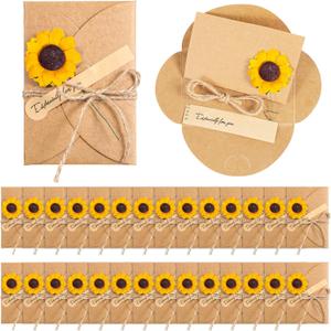 Qilery 50 Pcs Sunflower Gift Dried Flowers Greeting Cards Thank You Handmade Invitation Card DIY Vintage Kraft Blank Note Card with Envelopes for Birthday Christmas Teacher College, 2.76 x 4.13''