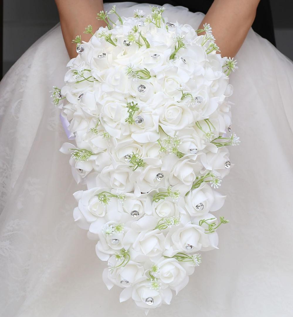 Lightweight Cascade Bridal Wedding Bouquet PE Rose Waterfall Holding Bouquet Artificial Flower Bunch for Bride Bridesmaid(White, 7.9" W)
