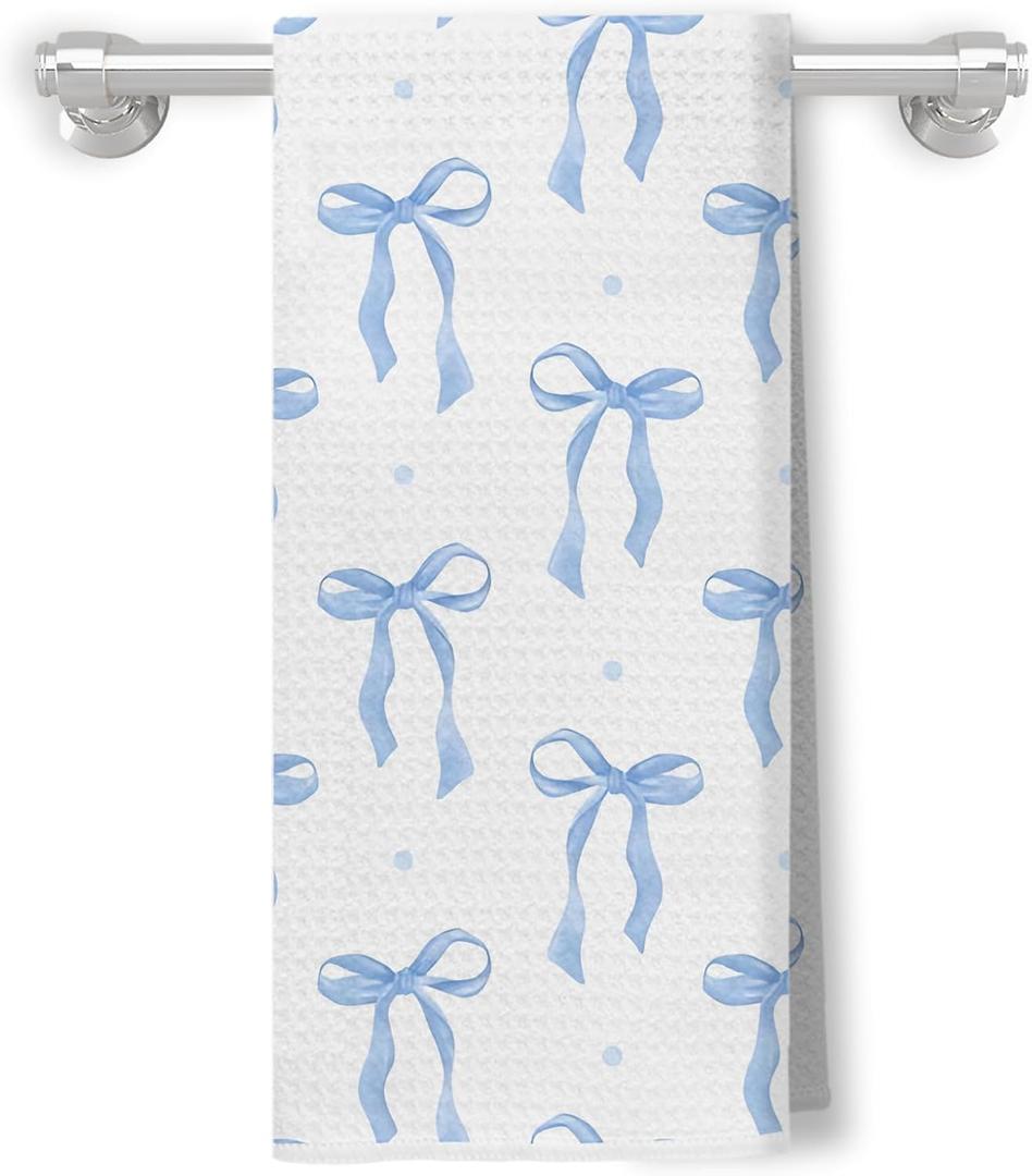 Coquette Navy Blue Bow Kitchen Towels, Preppy Blue Dish Hand Towels for Bathroom, Ribbon Dish Tea Towels, Coquette Girly Bathroom Decor,16x24 Inch