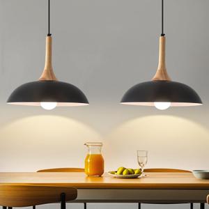 Black Pendant Lights Kitchen Island,2 Pack Modern Pendant Light with Wood Cap, 13.8 inch Dome Pendant Light for Kitchen, Dining Room, Living Room
