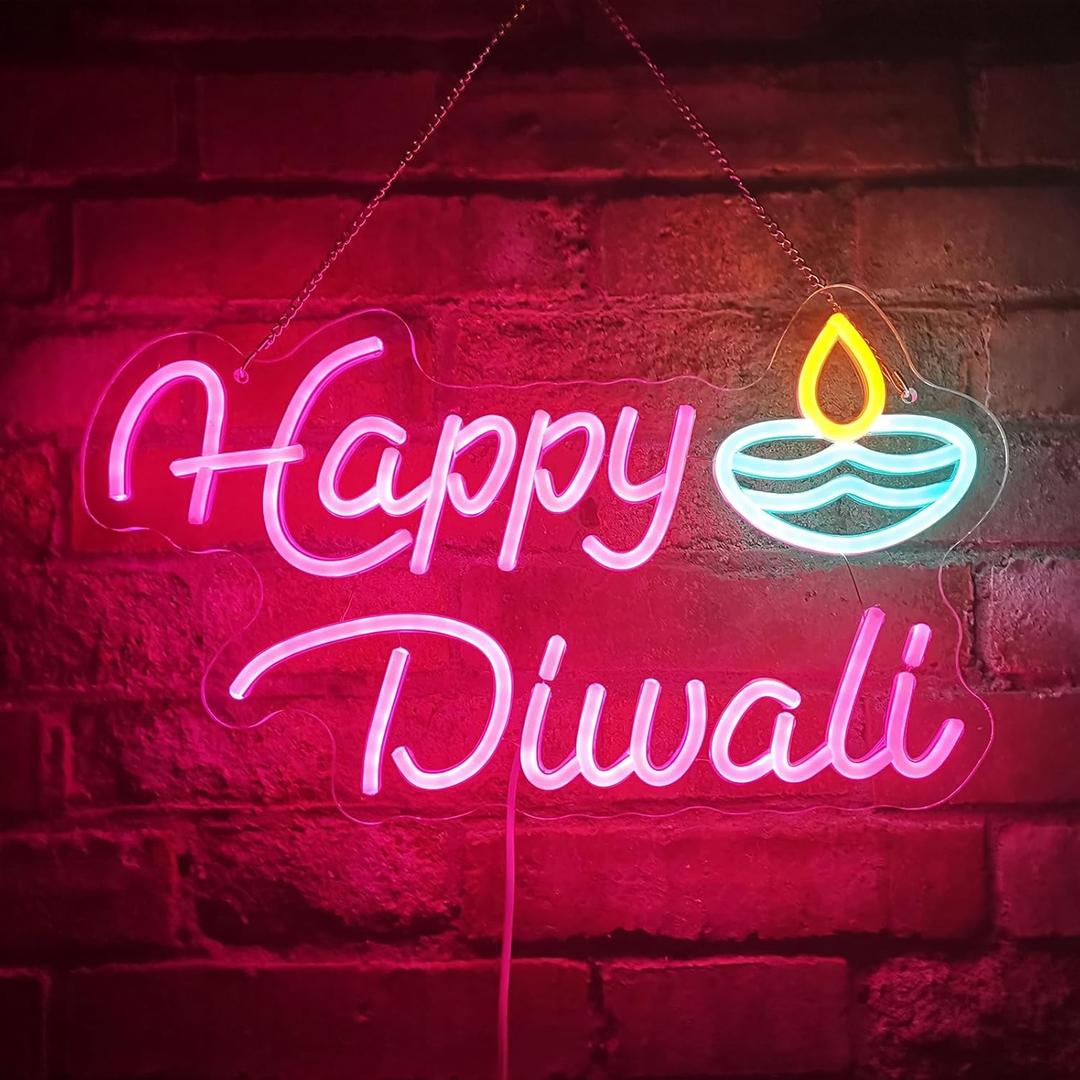 Happy Diwali Neon Sign, Festival of Light Oil Lamp Shape LED Neon Light Signs, Diwali Decorations for Home, Neon Signs for Wall room bedroom Decor (Pink)