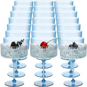 Jingmore 24 Pcs Ribbed Martini Glasses 10 oz Disposable Plastic Vintage Ribbed Coupe Glasses Unbreakable Dessert Parfait Glassware for Wedding Birthday Party Supplies (Blue)