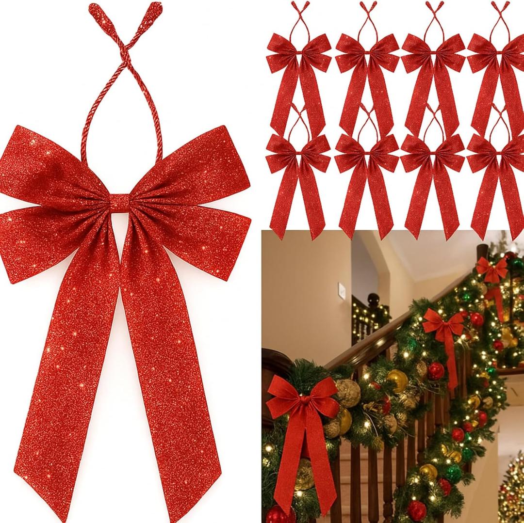 Soulchen 12 Pcs Large Valentines Day Bows with Garland Twist Ties Decorative 26 Inch Glitter Twist Tie Bows for Tree Wreath Garland Railings Wrapping Indoor Outdoor Holiday Party Supplies(Red)