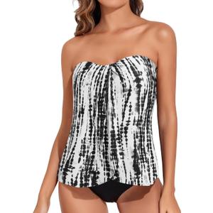 Tempt Me Two Piece Tankini Bathing Suits for Women Halter Bandeau Swim Top with Bottom Flyaway Tummy Control Swimsuit (X-Large, Black Tie Dye)