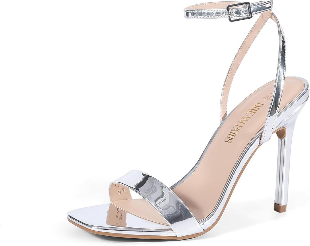 DREAM PAIRS Womens High Stilettos Open Square Toe Ankle Strap Heels Sexy Comfort Strappy Dress Shoes Wedding Bridal Pumps Sandals (7, Silver-pat)
