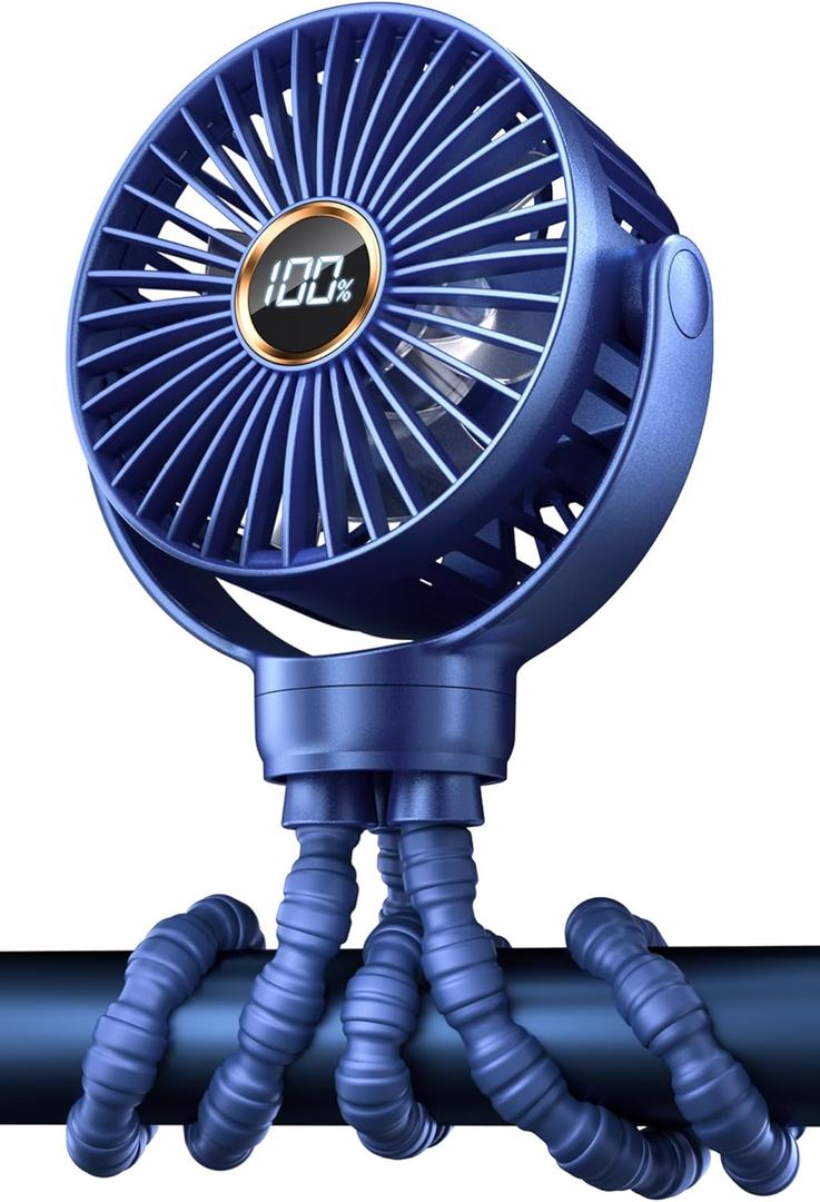 KIDEE Portable Baby Stroller Fan, Mini Baby Clip on Fans, LED Display, 360 Rotate Flexible Tripod, Rechargeable Small Personal Handheld Fans Cooling Desk Fan for Car Seat Crib Treadmill Travel (Blue)