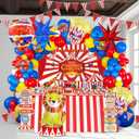 Carnival Circus Theme birthday party decorations & include red blue yellow balloon & foil hot air popcorn balloons & striped banner tablecloth & Backdrop carnival road sign paper card Signboard decor
