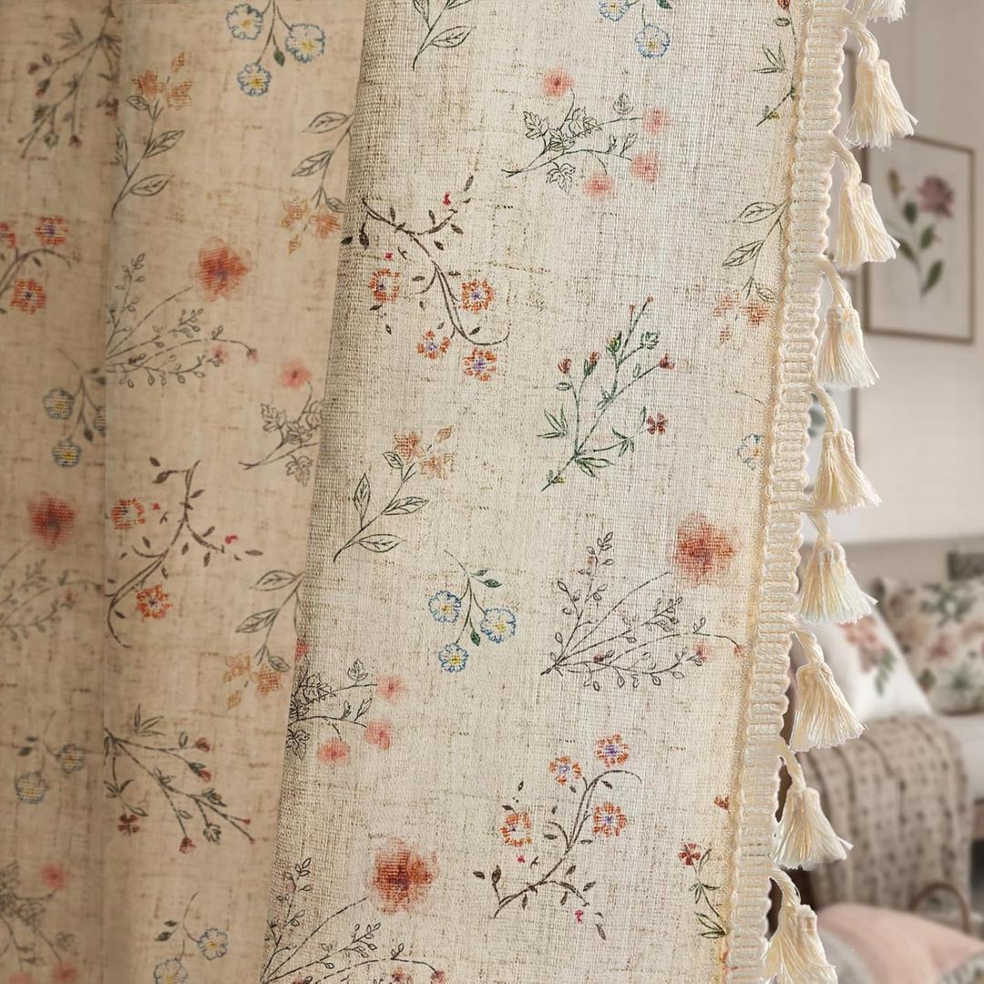 Boho Floral Spring Semi Sheer Curtains 84 Inch Length 2 Panels Set, Linen Texture Farmhouse Light Filtering Curtains Beige Tassel for Bedroom Living Room Vintage Rustic Patterned Printed Rod Pocket