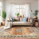 Roxstand Washable Rugs 8x10, Ultra-Thin Non-Slip 8x10 Area Rugs for Living Room, Soft Vintage Large Area Rug, Foldable Farmhouse Bedroom, Dining Room Rug (Navy/Orange, 8'x10')