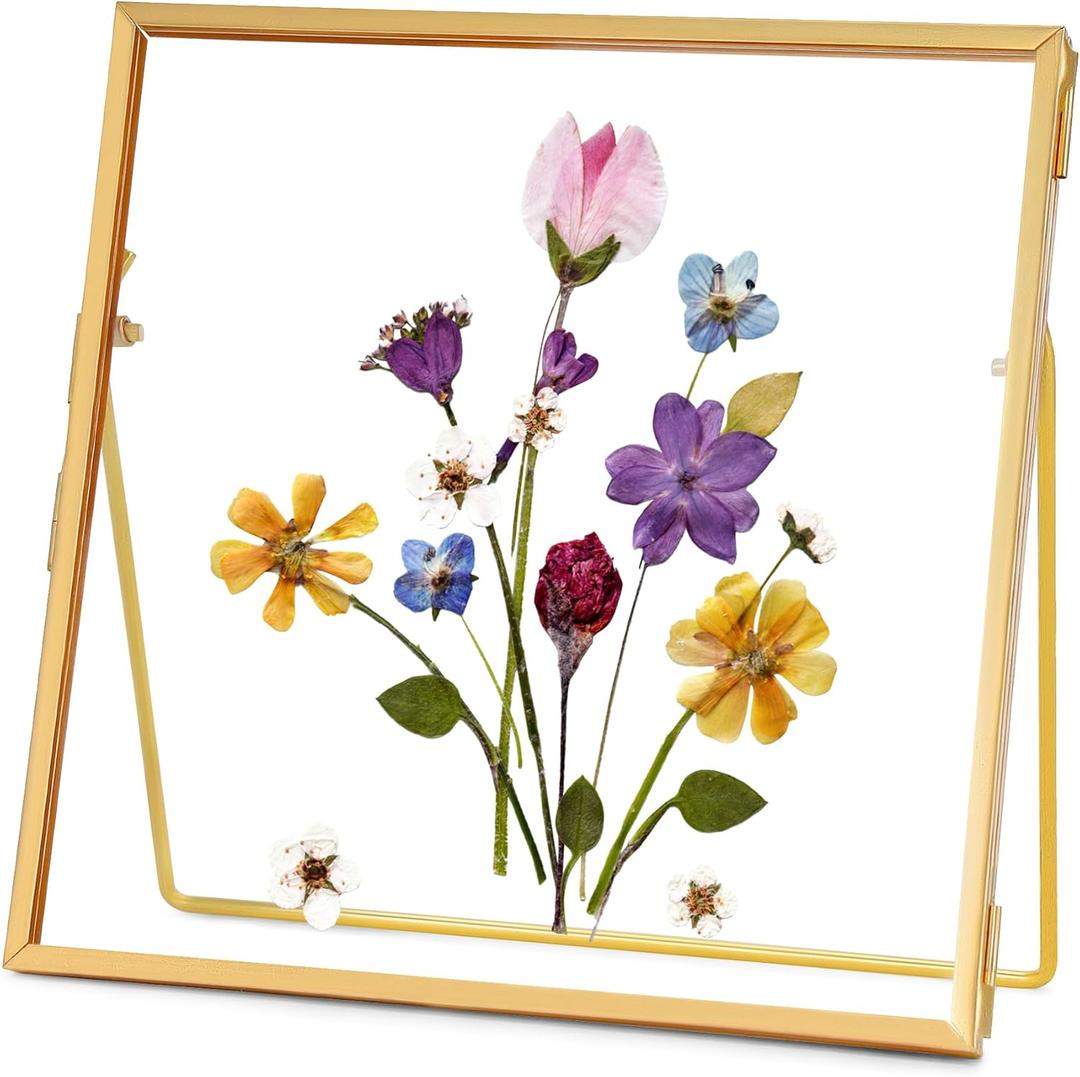 REDHUGO Double Glass Frame for Pressed Flowers Handmade, Tabletop Photo Frame for Floating Picture and Flower Press, Simple, Metal Geometric, Square, Gold, 4x4 Inches (4L" x 4W")