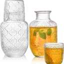 AVLA 4 Pcs Bedside Water Carafe and Glass Tumblers, 20 OZ Clear Nightstand Pitcher with 5 OZ Cup Set, Glass Mouthwash Decanter Vintage Elegant Glassware for Juice, Kitchen, Bedroom, Bar, Bathroom