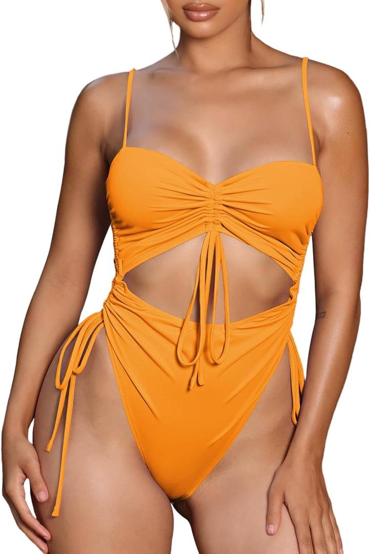 Viottiset Women's Cut Out Drawstring One Piece Swimsuit Cheeky High Cut Bathing Suit (X-Large, Vitality Orange)