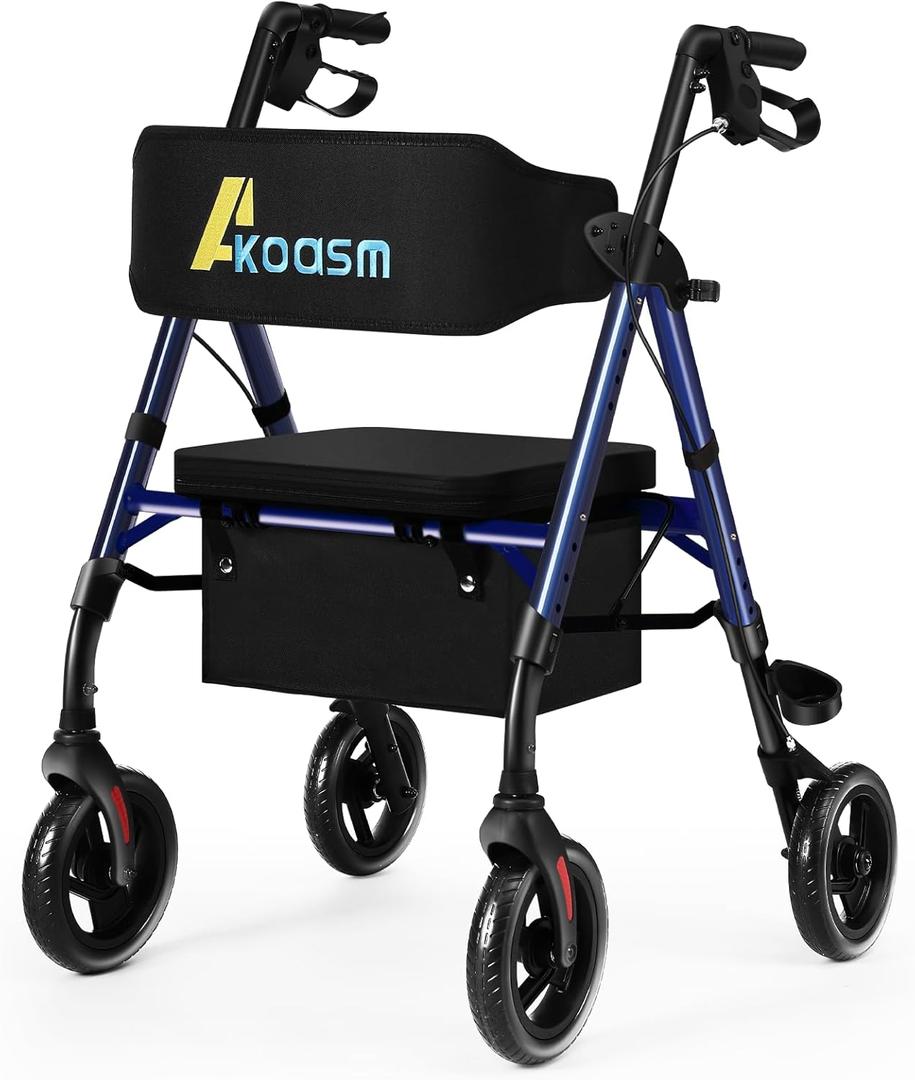 Lightweight Foldable Rollator Walkers for Seniors with Seat - Adult Rolling Walker with Seat and Brakes, 300 Lb Capacity, All Terrain 8" Big Roller Wheels, Adjustable Handles and Seat Height, Blue