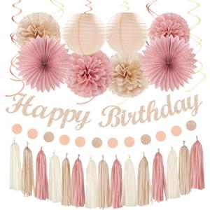 Blush-Pink Champagne Beige Happy-Birthday Party-Decorations - 31pcs 15th Women Girls Paper Lanterns Streamers Banner,Rose Gold Tissue Flowers Pom Poms Fans Tassels Graland Decor Supplies Hugmoon