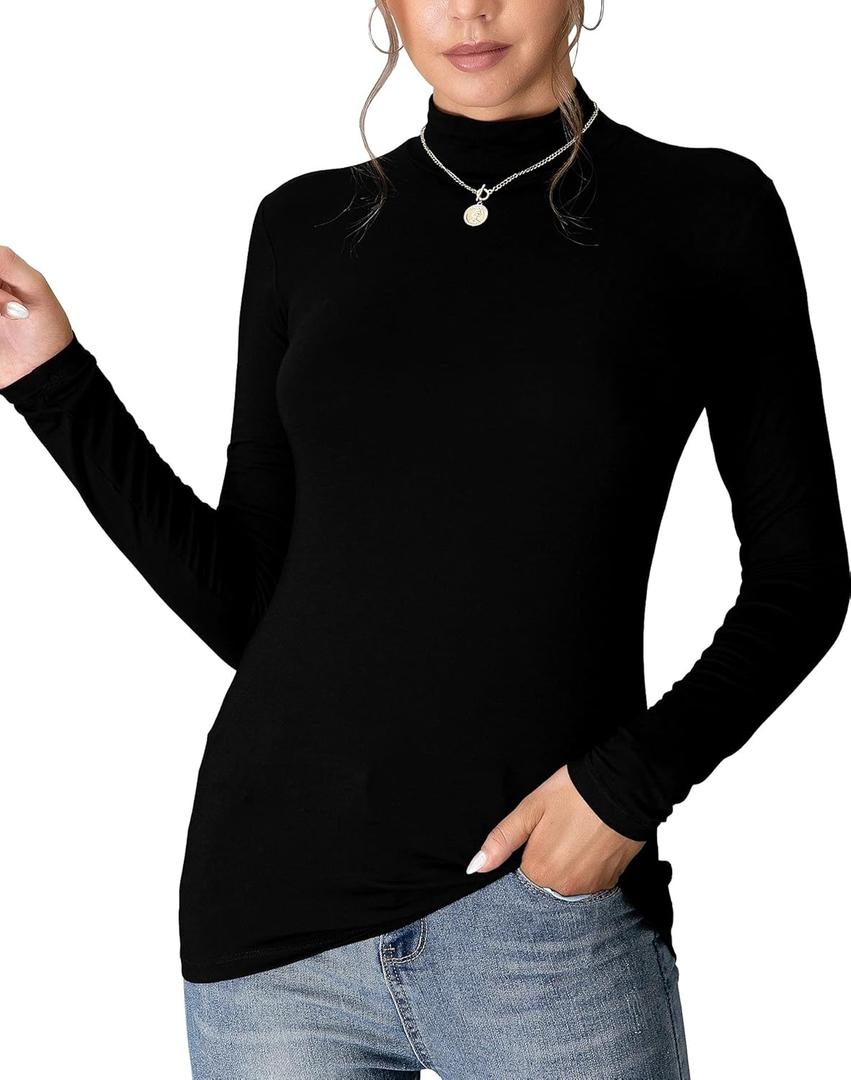 MANGDIUP Women's Mock Turtleneck Long Sleeve Sleeveless Pullover Tops Slim Fit Basic T-Shirts (Black, M)