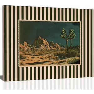 Vintage Desert Night Canvas Wall Art Eclectic Western Desert Landscape Picture Wall Decor Creamy White and Dark Green Striped Poster Maximalist Postcard Painting Print Artwork for Living Room Bedroom