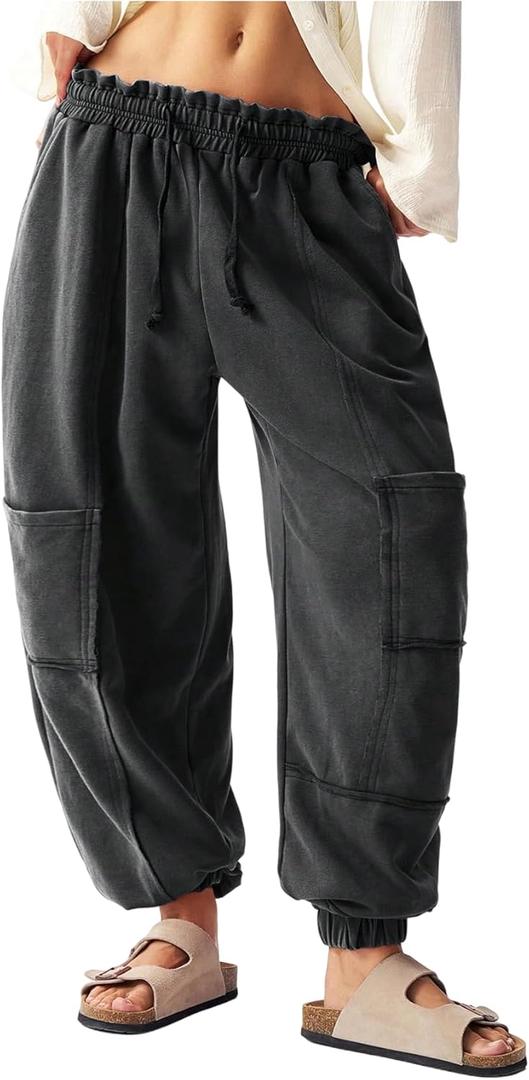 Verdusa Women's Baggy Barrel Cargo Pants Streetwear Joggers with Pockets (Medium, Black)