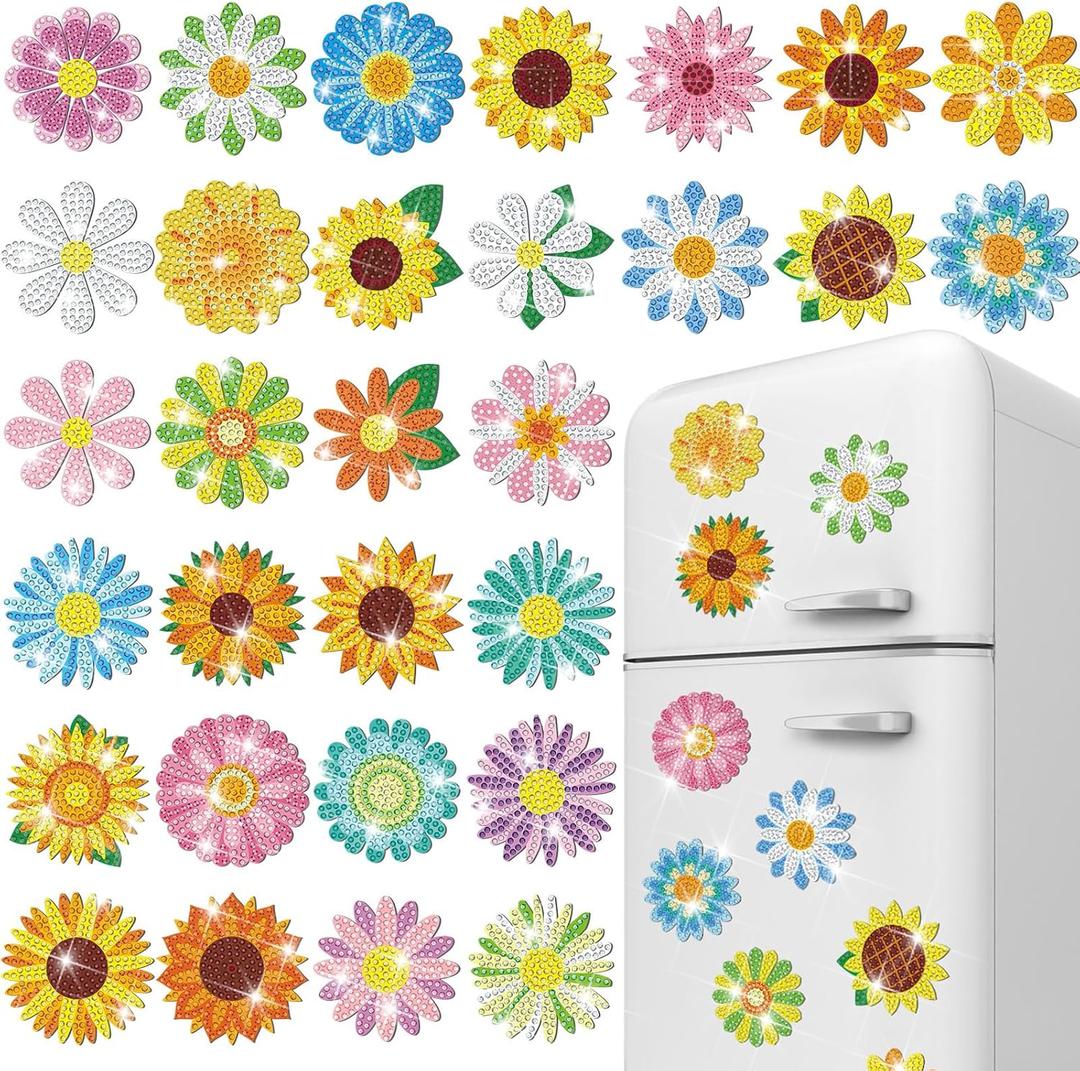 Copkim 30 Pcs Diamond Art Magnets Refrigerator Easy Art Kits Fridge Diamond Painting Magnets Stickers for Adults DIY Home Decors Flower Butterfly(Daisy)