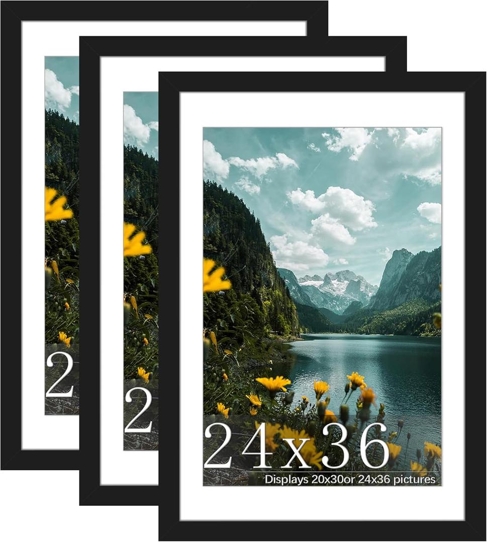 Picrit 24x36 Picture Frame 3 Pack, Black Poster Frame, Display Poster 20 x 30 with Mat or 24 x 36 without Mat for Horizontal or Vertical Wall Mounting