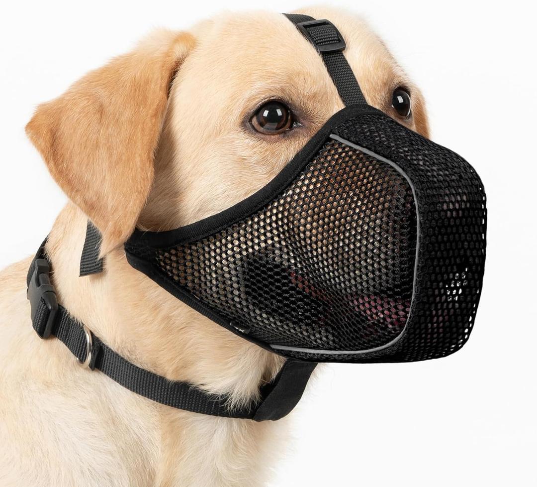 Mayerzon Dog Muzzle, Patented Mesh Soft Muzzles for Large Medium Small Dogs Poodle Husky Doberman Labrador Retriever for Scavenging Grooming Biting Chewing, Breathable Reflective Mussel with Collar (L-(Snout:10"-12"), Black)