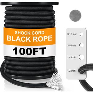 1/2 Inch 100 ft Bungee Shock Cord Rope Heavy Duty Kayak Bungee Elastic Stretch Shock Cord Black Polyester Stretch Rope for DIY Projects Kayak Strap Tie Downs Camping Tent Crafting