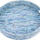 PEMAR 12.6” Mother of Pearls Lacquer Inlaid Round Serving Tray with Handles, Round Decorative Nacred Wooden Ottoman Coffee Table Tray (Blue Tiles)