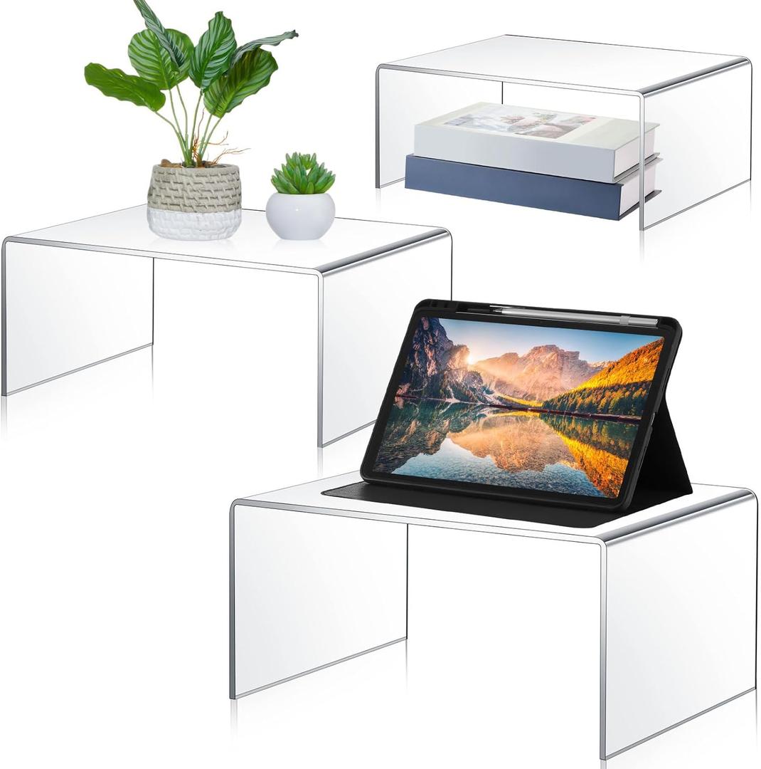 RattanView 3 Pcs Extra Large 14, 13, 12 Inch Acrylic Display Risers Clear Acrylic Shelf Riser Display Stands 5 mm Thick Rectangular for Collectibles Figures